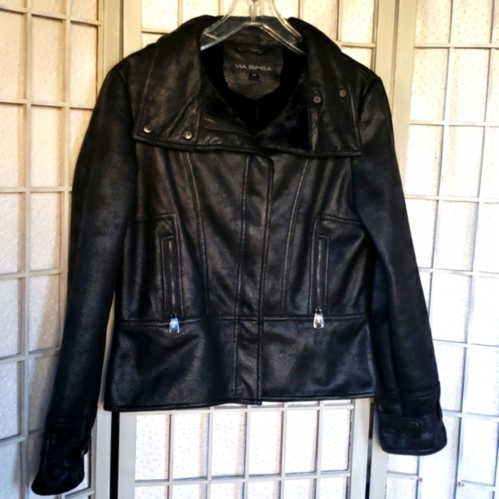Via Spiga black motorcycle full zip fitted faux leather woman jacket M